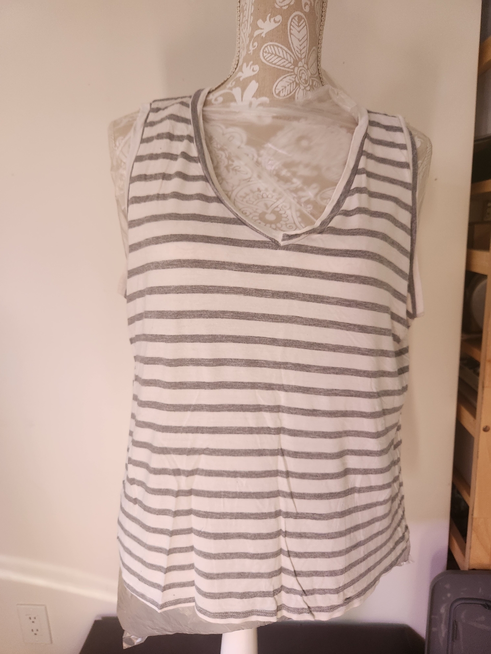 Green Envelope White & Gray Striped V-Neck Tank